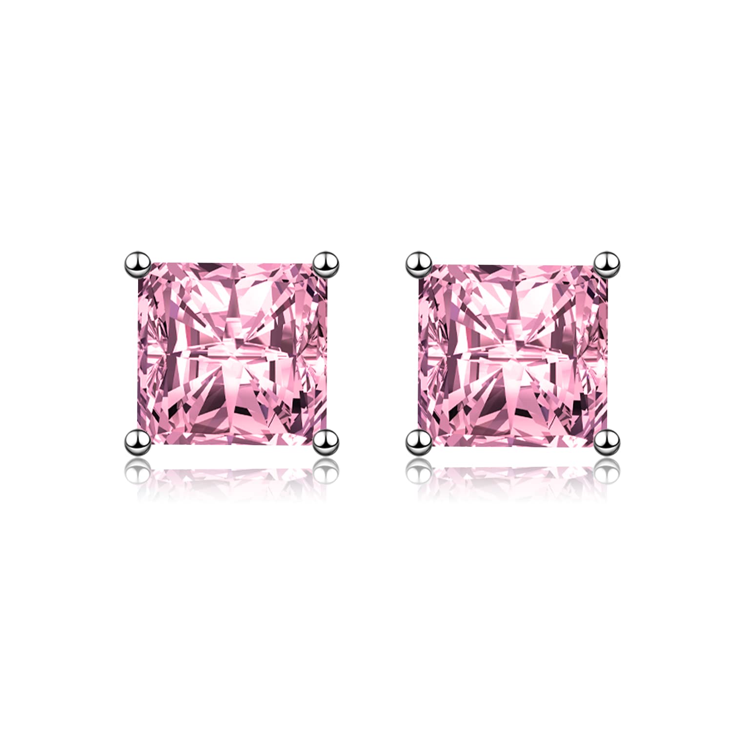 wynn's Silver Stud Earrings for Women, White Gold Studs Earrings, Silver Square Cubic Zirconia Stud Earrings, Hypoallergenic Earrings for Girls Jewellery Gift Christmas, Pink