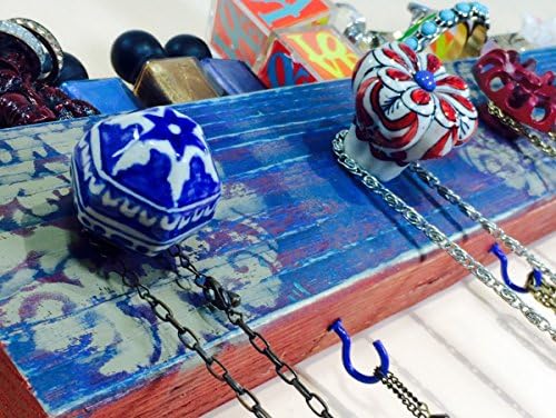 Made to order - jewellry wall organizer /Necklace hanger /pallet wood jewelry display /boho distressed designs 4 cobalt blue hooks, 5 knobs
