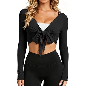 3rd hill Womens Tie Front Pilates Wrap Top Long Sleeve Workout Cropped Cardigan Yoga Ballet Bolero Shrug