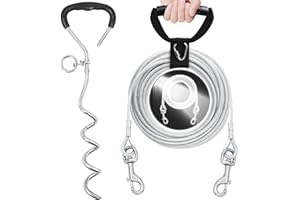 PETDREAM Dog Tie Out Cable and Stake with No-Tangle Handle, Reflective Dog Yard Leash Chain 30/15/10 Ft for Yard Camping, Dog Lead & Ground Anchor for Medium Large Dogs Up to 125 Lbs (Silver，30ft)
