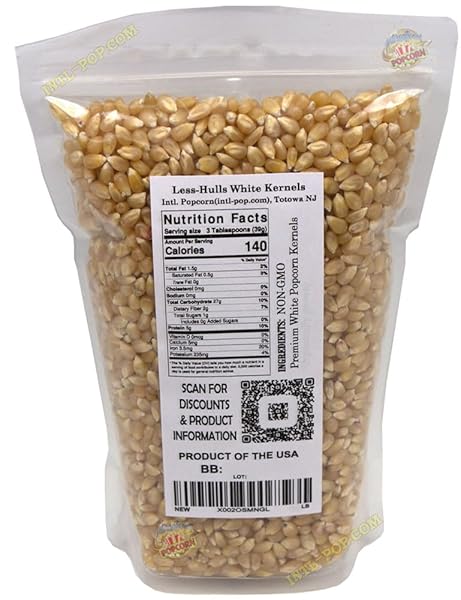 3.9 LB WHITE VIRTUALLY HULLESS (LESS HULLS) POPCORN KERNELS • RESEALABLE BAG • USA GROWN • NON-GMO, VEGAN, KOSHER • GREAT FOR MOVIE NIGHT • INTL POP