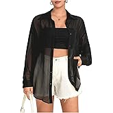Milumia Women Plus Size Sheer Button Down Top Sheer Long Sleeve See Through Blouse Shirt