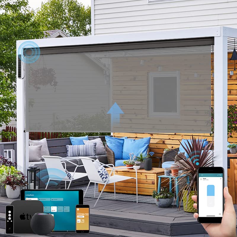 Photo 1 of SmartWings Motorized Outdoor Patio Shades Roll Up Blinds for Porch Waterproof Work with Homekit Window Shade Smart Motor Remote Control Screen Sun Roller Shade Blinds Custom, 5% Openness White Grey