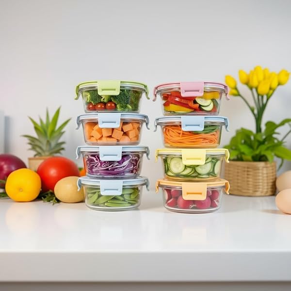 B.GUBOBOYA 1.5 CUP ROUND GLASS FOOD CONTAINERS WITH LIDS AND FOLDING SPOON, ROUND SMALL FOOD CONTAINERS WITH LIDS, 12OZ GLASS LUNCH BOWLS FOR OFFICE MEALS, MICROWAVE, FREEZER, DISHWASHER SAFE (4 PACK)