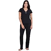 Aerosoles Women's Ribbed Henley Cozy Pjs 2 Piece Cozy Comfy Lounge Soft Cotton Sleepwear Button-up Pajama Set, Black, Large