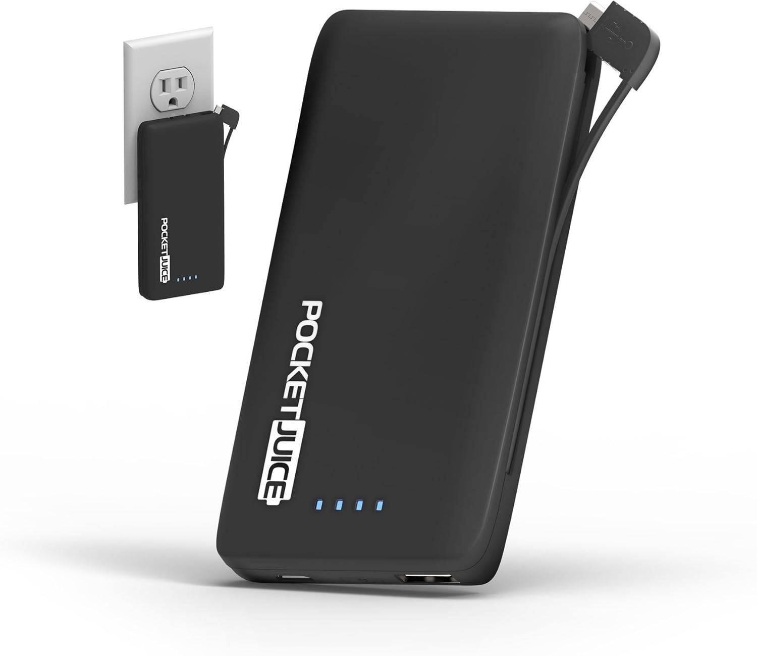 Black Mini Portable Charger - 6,000mAh External Battery Pack - Ultra Slim and Light with Built-in AC Plug and Micro USB Cable - Charges iPhone, Android and More - Pocket Juice by Tzumi