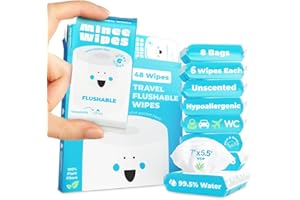 Impossibly Compact Travel Flushable Wipes - 99.5% Water and Aloe - Safe for Sensitive Skin, Hypoallergenic & Unscented - Trav
