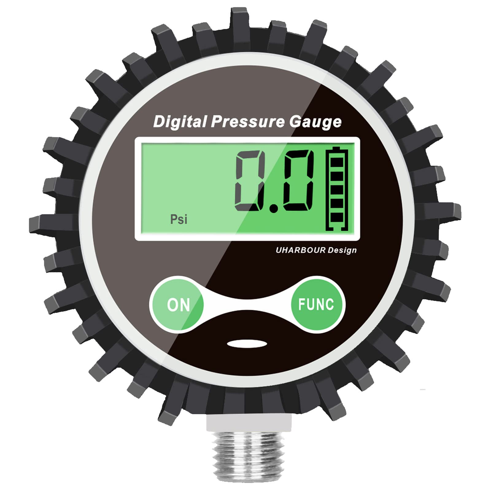 Uharbour Digitales Manometer mit Druck mit 1/4 Zoll NPT, mit Stecker und Gummi-Schutzfolie, 0-15PSI, Genauigkeit 1% .f.s…