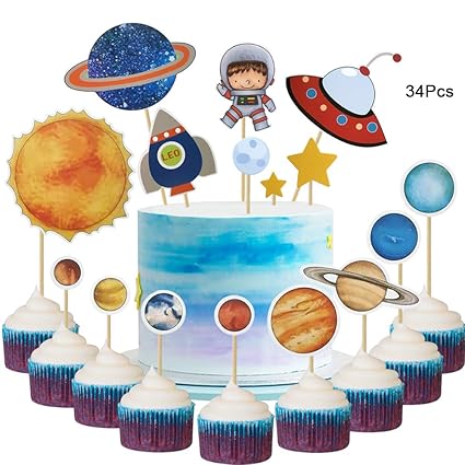 34pcs Diy Astronaut Exploration Themed Solar System Cupcake Toppers Rocket Space Shuttle Ufo Rocket Star Cake Picks For Kids Birthday Party