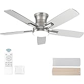42 Inch Flush Mount Brushed Nickel Ceiling Fan with Light and Remote Control.Noiseless,Dimmable,3CCT,6 Speeds Reversible, Low Profile DC Ceiling Fans for Indoor or Covered Outdoor Use,ETL Listed