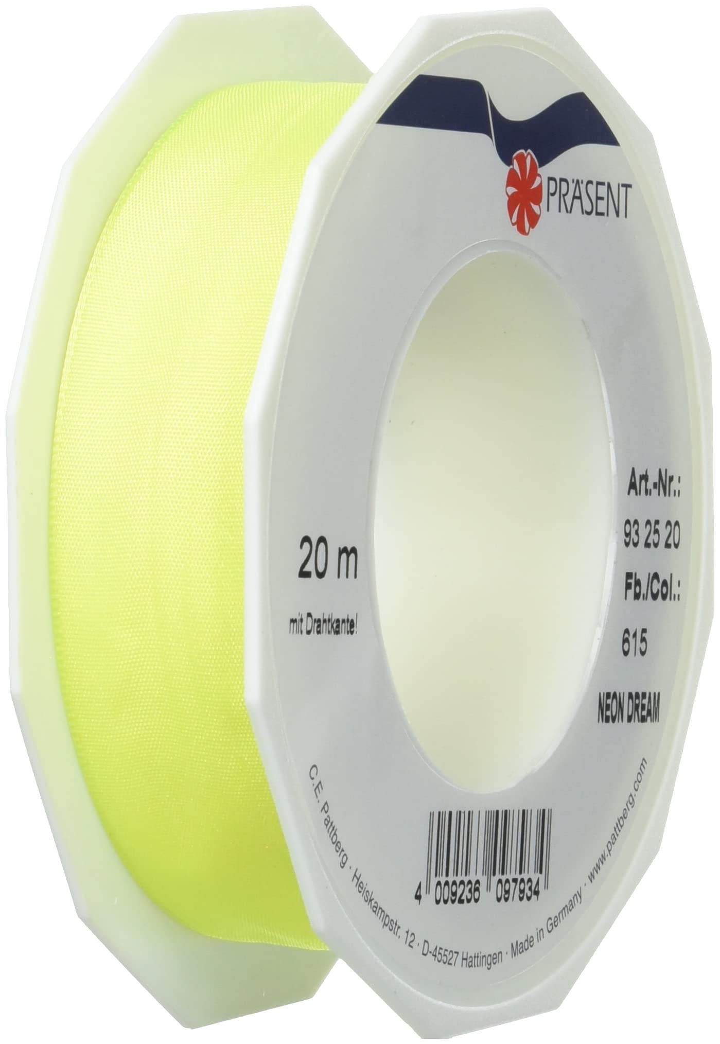 C.E. Pattberg NEON DREAM Wired Edge Taffeta Ribbon in yellow, 22 Yards Bow Ribbon for Colourful Presents, 1 inch width, for Gaudy Gift Wrappings, Decorations & other Adornments