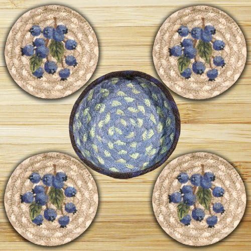 Blueberry Round Coasters in a Basket (Set of 5)