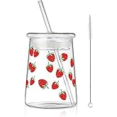 Joeyan Glass Tumbler with Lid and Straw,Iced Coffee Cups with Red Strawberries Pattern,Clear Cute Drinking Jars,Water Juice Beverages Soda Glasses,20 oz