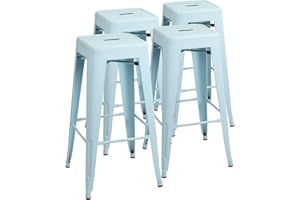 Furniwell 30 Inches Metal Bar Stools High Backless Tolix Indoor-Outdoor Stackable Barstool with Square Counter Seat Set of 4 (Blue)