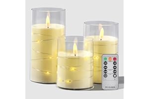 TYAWON Battery Operated LED Flameless Candles with Remote and Timer, Warm Color Flickering Lightwith Embedded Star String for Festival Wedding Home Party Decor(Pack of 3)-Lvory White