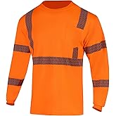 WISIGO High Visibility Safety Shirts Class 3 Hi Vis Reflective Long Sleeve Construction Work T-Shirt for Men(Orange,M)