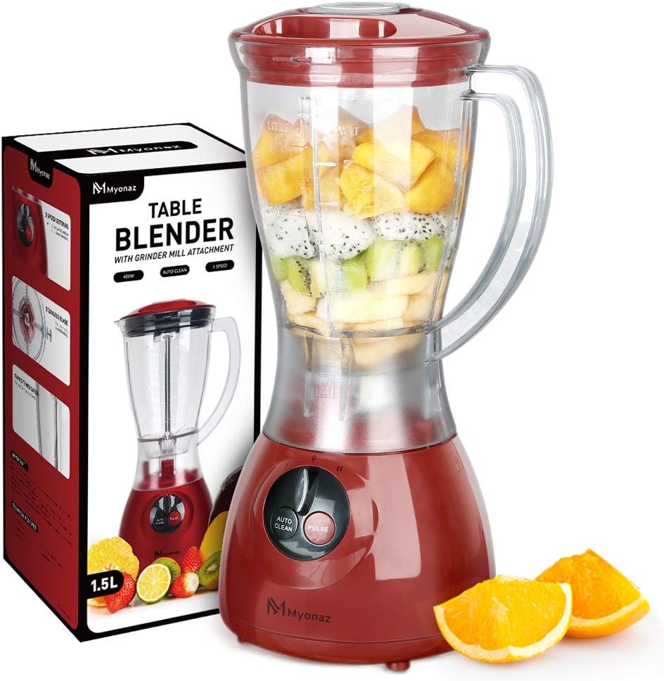 MYONAZ 48 oz Blender for Smoothies & Shakes Household Mixer Grinder with 1.5 Liter Electric Blender with Durable Motor, Blending, Grinding, Mincing and Stirring, Red