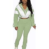 Kinivi Women 2 Piece Outfit Long Sleeve Zip Up Crop Jacket High Waist Stretchy Pants