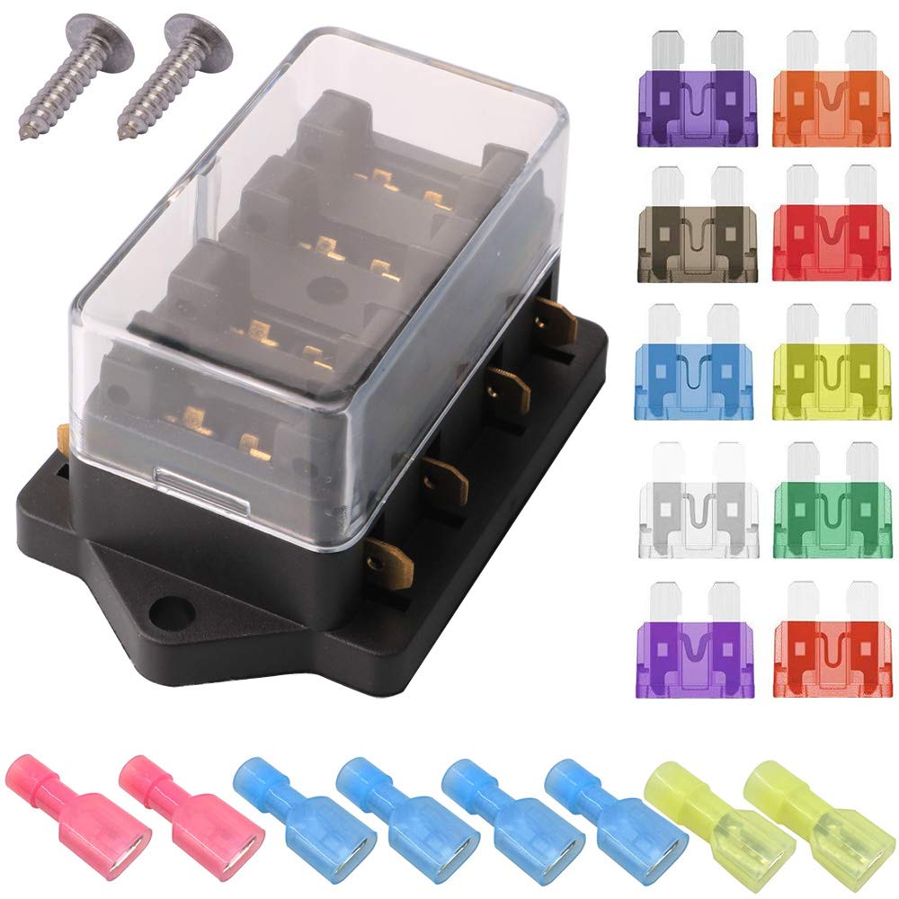 Gebildet 4-Way Carter Standard Fuse Holder Box (Apply to 1~40 AMP), with 10 Free Fuses (3A 5A 7.5A 10A 15A 20A 25A 30A 35A 40A) for Car/Boat/Marina/Trike
