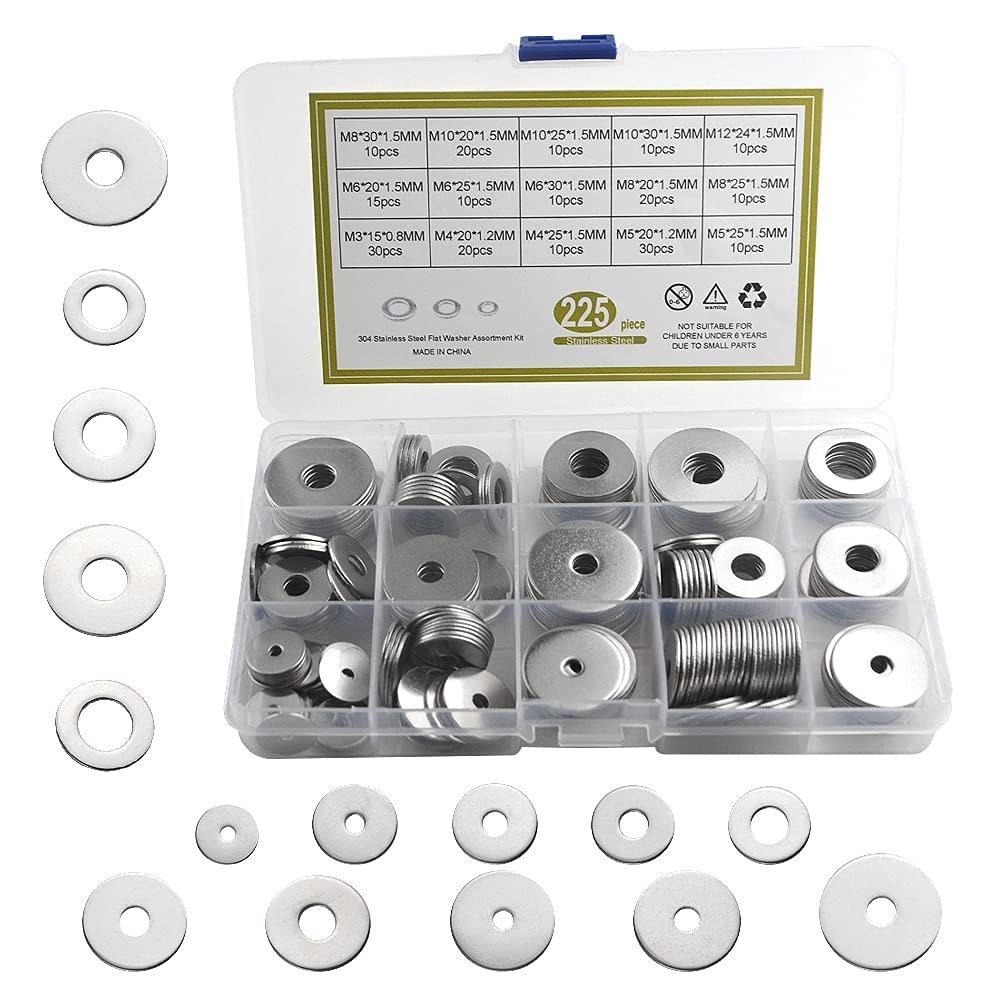 BGTXINGI 225pcs 7 Kinds 304 Stainless Steel Flat Washers Assortment Kit for Home Decoration Factories Repair Kitchens Shops and Outdoor Construction M3 M4 M5 M6 M8 M10 M12