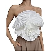 OYOANGLE Women's 3D Flower Decor Strapless Sleeveless Bandeau Top Slim Fit Solid Cropped Tube Tops