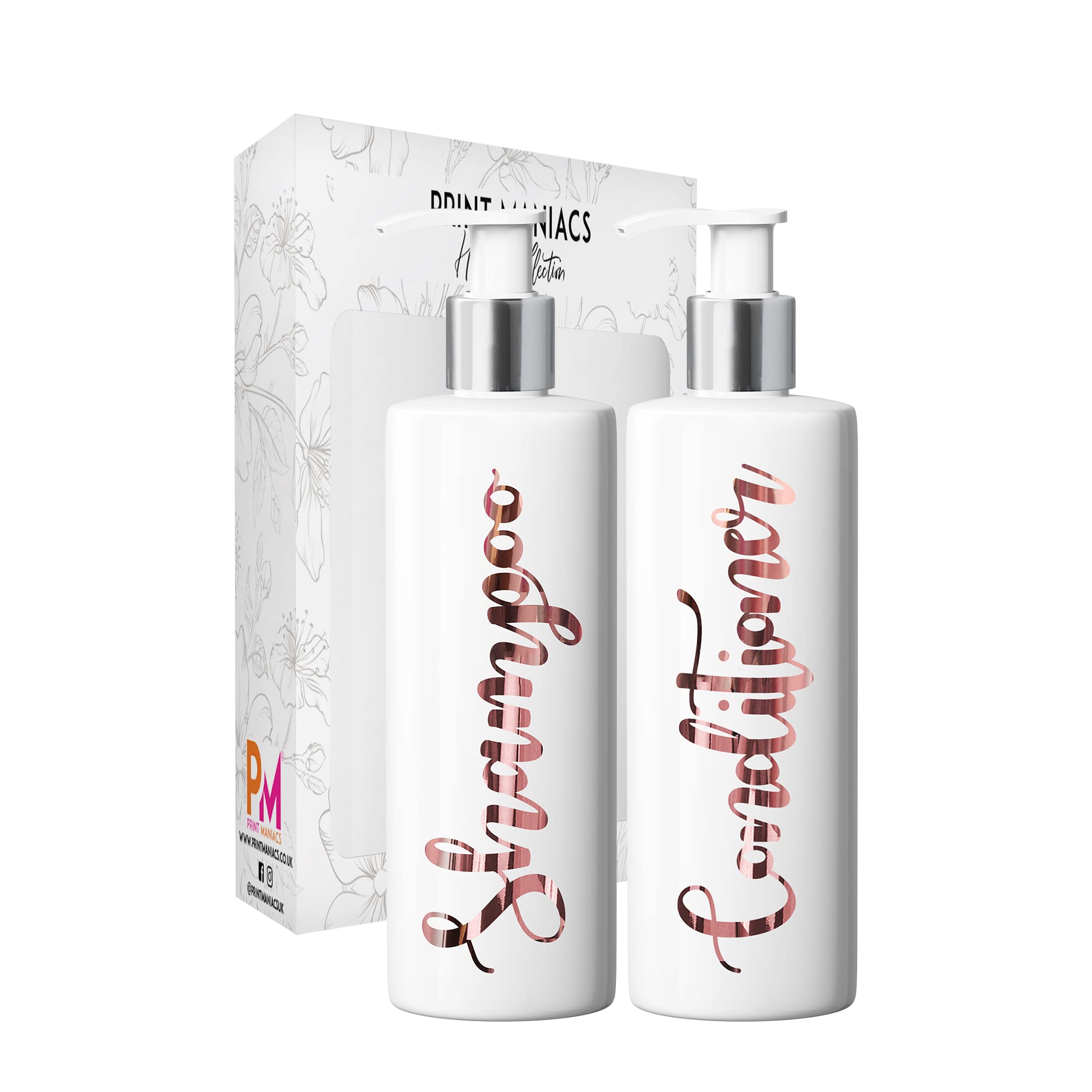Print Maniacs 2 Set Mrs Hinch Inspired White Personalised Dispenser Pump Bottles Shampoo Conditioner (Rose Gold)