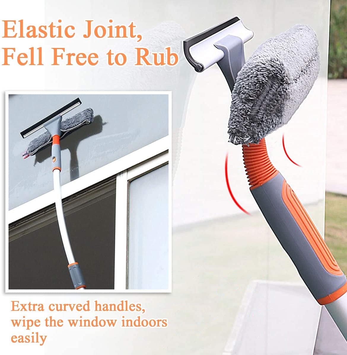 Baban Window Squeegee Cleaner, 2 in 1 Window Cleaning Tool with Elbow and Straight Extension Pole, 61'' Telescopic Window Washing Equipment with Bendable Head for Car Glass Indoor Outdoor High Windows