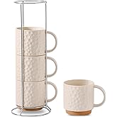 Nihow Ceramic Coffee Mug Set of 4, 16OZ Stackable Coffee Mug Set with Stainless Stand,Large Cup Set for Cappuccino,Tea,Hot/Cold Drinks,Dishwasher & Microwave Safe,Matte White