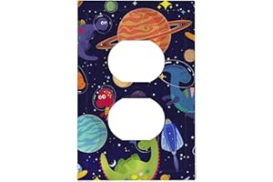 IOFNG 1 Gang Duplex Receptacle Switch Wall Plate Blue Cute Cartoon Dino Kids Dinosaur Universe Galaxy Outer Space Cosmos Planet Nebula Boy Girl Switchplate Mid Electrical Outlet Cover Receptacle Plug Cover