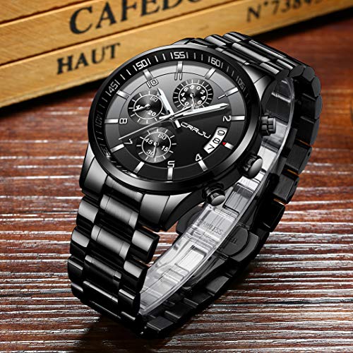 CRRJU Men\'s Watch Six-pin Multifunctional Chronograph Wristwatches,Stainsteel Steel Band Waterproof Watch for Men Black dial