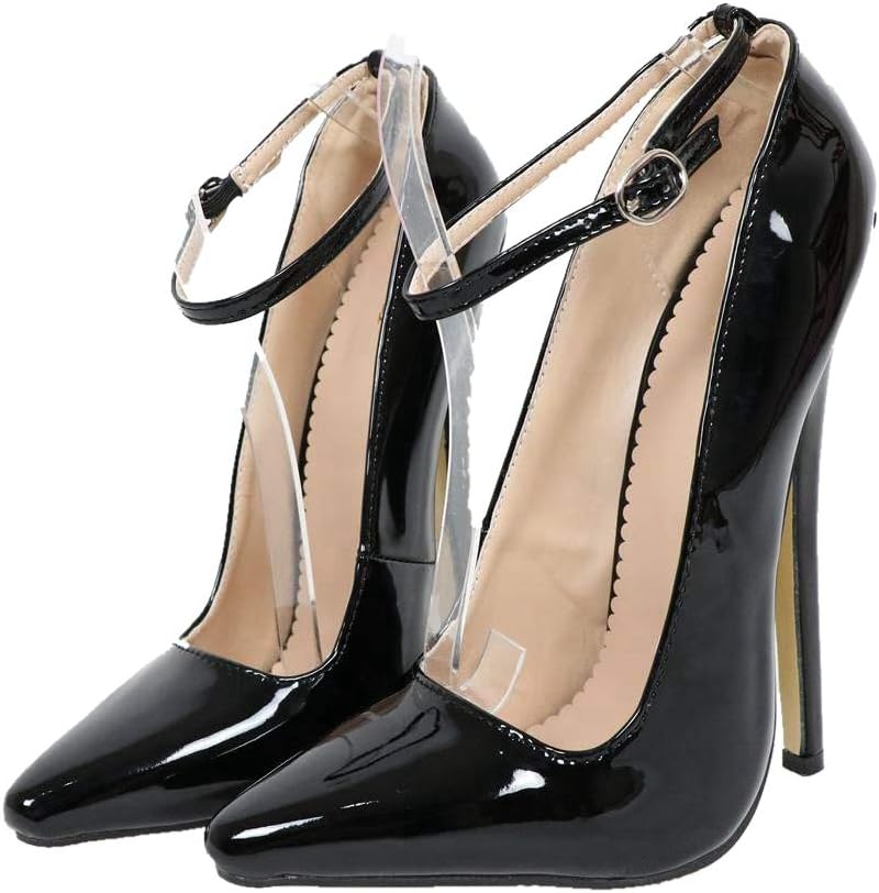Sorbern Sexy Black Shiny Women Pumps Ankle Straps 18Cm Spike Heeled Fetish Shoes