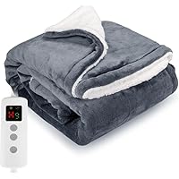 PROALLER Heated Blanket, Electric heated throw 180x130CM Grey, 10 Levels &1-9H Timer Auto-Off, Machine Washable, Soft Flannel Sherpa and Full Body Warming, Sofa Bed Office Use, warm blanket, electric