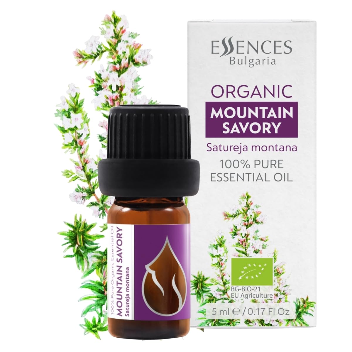 Essences Bulgaria Organic Mountain Savory Essential Oil 5ml | Satureja Montana | 100% Pure and Natural | Undiluted | Therapeutic Grade | Family Owned Farm | Steam-Distilled | Non-GMO | Vegan