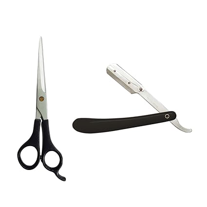 Movik Hair Cutting Scissor and Barber Folding Razor Combo for Men Professional Salon Accessories in Black Color