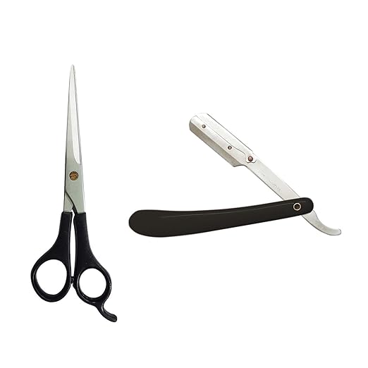 Movik Professional Salon Accessories Hair Cutting Scissor and Barber Folding Razor Combo for Men in Black Color