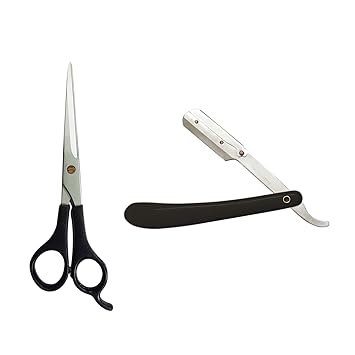 Movik Professional Salon Accessories Hair Cutting Scissor and Barber Folding Razor Combo for Men in Black Color