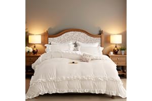 Jolusere White Ruffle Duvet Cover Queen Girls Shabby Chic Farmhouse Bedding Set 3Pcs 100% Washed Microfiber Duvet Cover Set Boho Vintage Ruffled Bedding with Zipper Closure & Corner Ties,2 Pillowcases