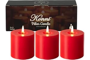 KONNI Red Pillar Candles Set of 3, 3"x 3" Unscented Pillar Candles Bulk, 30 Hours Long Burning Candles, Smokeless and Dripless Large Round Candle for Wedding, Home Decoration, Parties, Spas, Dinner