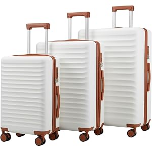 Tidal flash 3 Piece Luggage Set Expandable with Spinner Wheels, White-Brown | TSA Lock, Hardshell Suitcases Set 3 Piece with