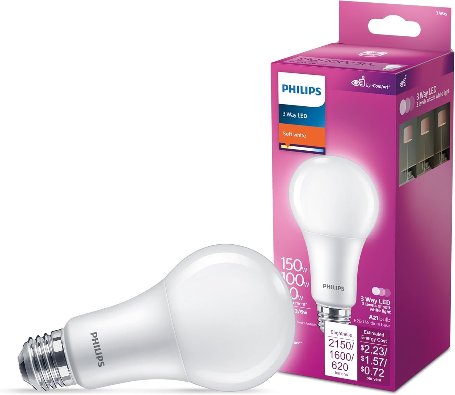 Photo 1 of Philips LED 150-100-50W A21 1-Pack 3-Way Soft White (2700K) 2150-1600-620 Lumen (18.5-13-6W = 150-100-50W) Frosted Flicker-Free Light Bulb