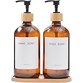 BONLONG Amber Glass Soap Dispenser with Bamboo Pumps&Tray&Labels, Hand Dispenser, Lotion Dispenser, Dish Soap Dispenser for Kitchen Sink. (Amber)