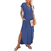 RUMIA Summer Casual Maxi Dresses for Women- Women's V Neck Cap Sleeve Long Sundress with Pockets Beach Vacation
