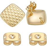 Beebeecraft 1 Box 10Pcs Rhombus Earring Findings Blank Earring Posts with Butterfly Backs Real 18K Gold Plated Brass Texture Square Ear Studs Accessories for Jewelry Making Supplies DIY Crafts