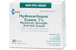 Globe (Box 25 Hydrocortisone 1% Maximum Strength Cream, (0.9g Packet) Anti-Itch Cream for Redness, Swelling, Itching, Rash, Bug Bites, Eczema, More