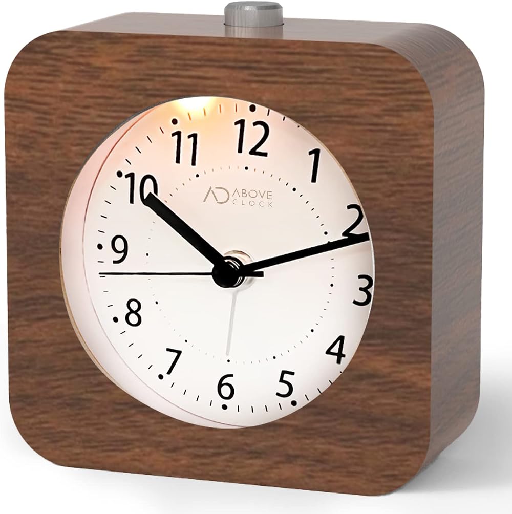 aboveClock Wooden Alarm Clock Silent Non Ticking Bedside Snooze Night Light