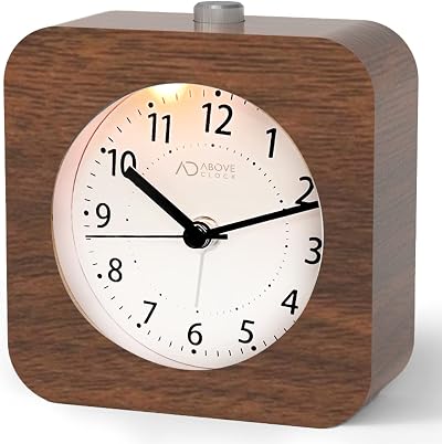 aboveClock Wooden Alarm Clock Silent Non Ticking Bedside Snooze Night Light