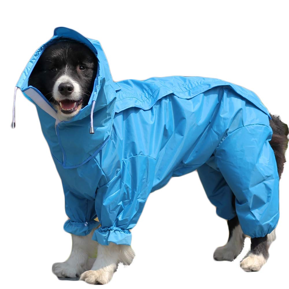 TFENG Dog Raincoat with Removable Hoodie, Outdoor Adjustable Drawstring, Magic Tape Waterproof Rain Jacket with Hood Collar Hole Blue Size 14