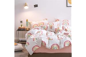 AMWAN Cartoon Rainbow Bedding Duvet Cover Twin Kawaii Kids Girl Bedroom Comforter Cover Pink Rainbow Print Cotton Quilt Cover Set 1 Duvet Cover 2 Pillowcases Children Boy Teen Cartoon Bedding Set