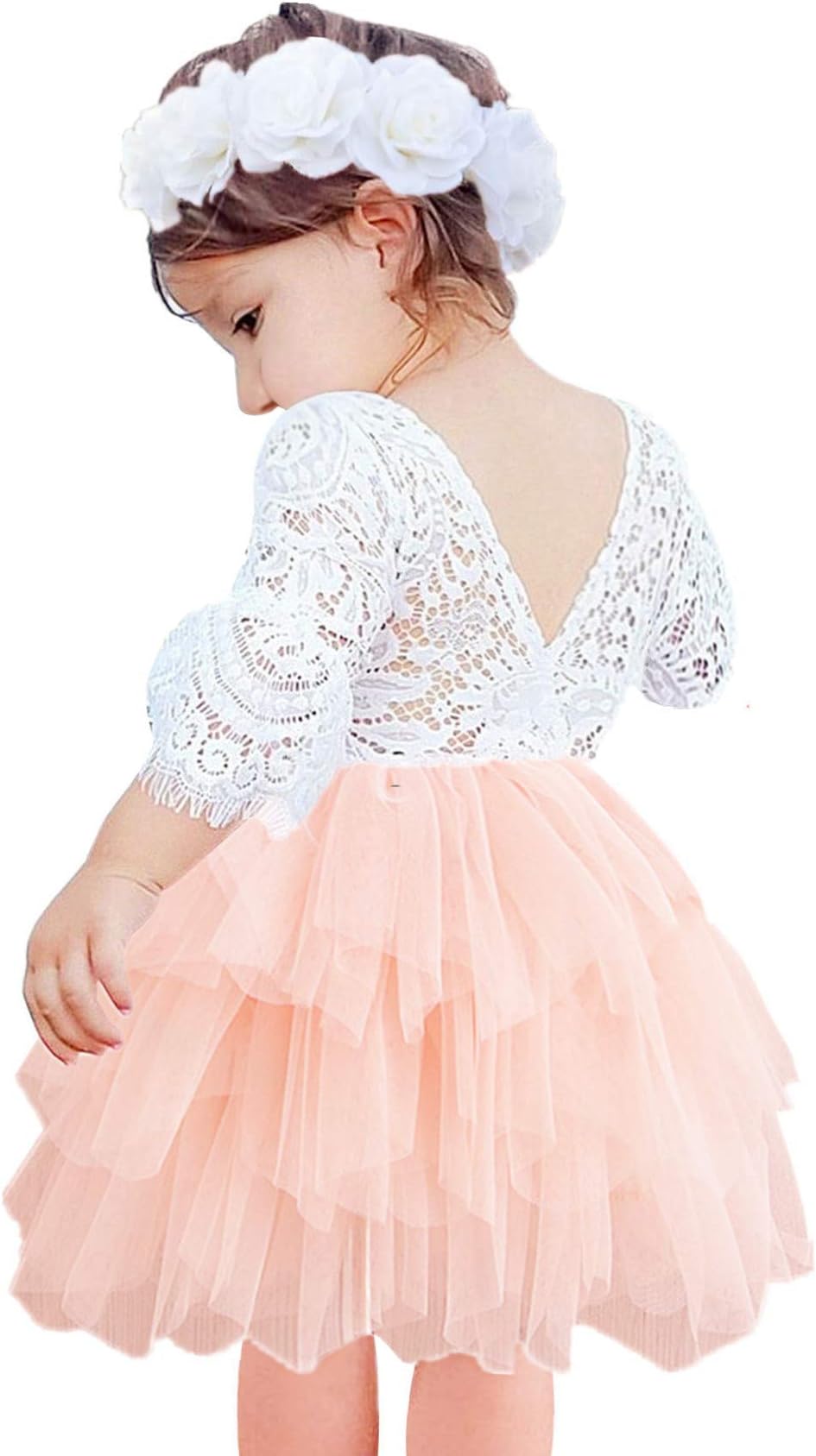 2BunniesGirl Peony Lace Back A-Line Tiered Tutu Tulle Party Flower Girl Dress