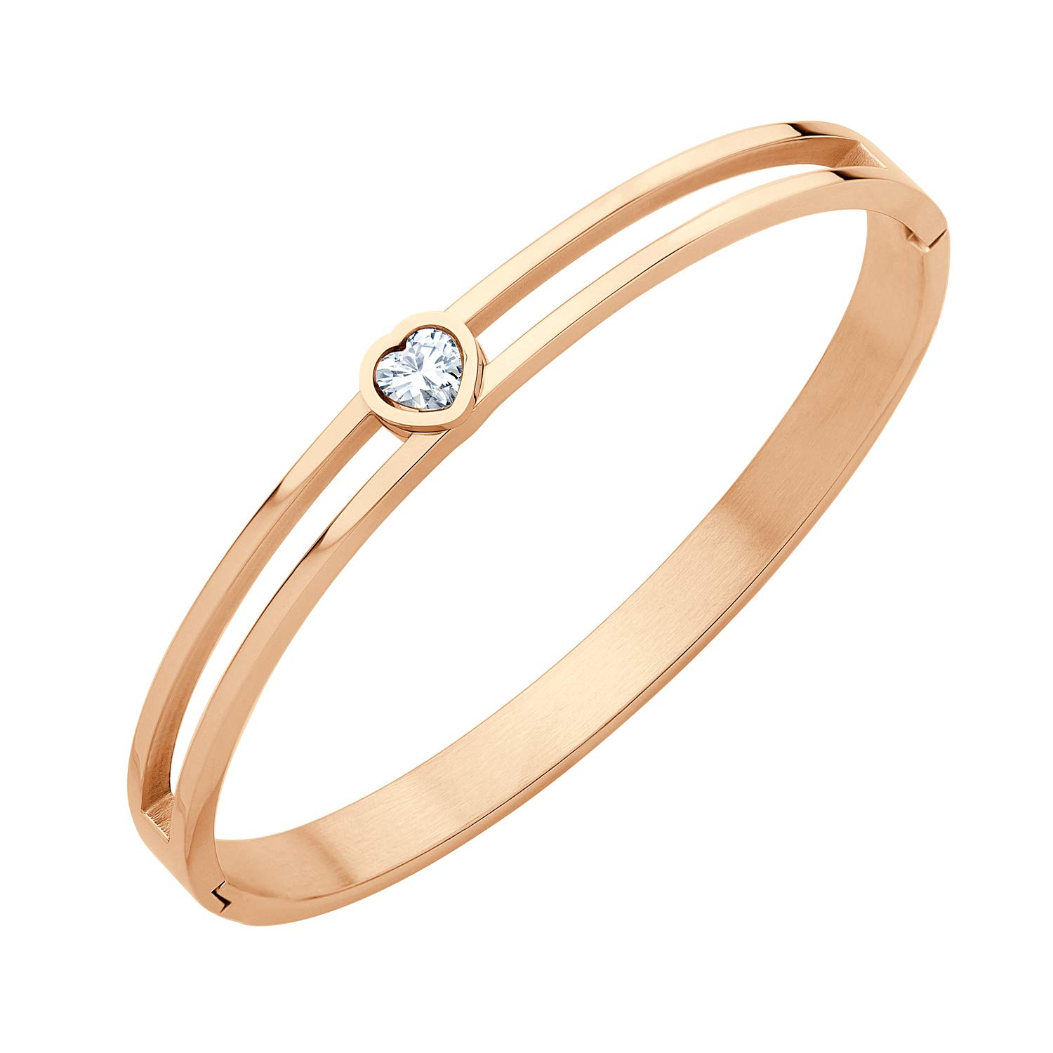 555Jewelry Stainless Steel Hinge Lock Heart Shape CZ Cuff Love Bracelet Bangle Bracelets for Women, Love Bracelets for Women - Rose Gold